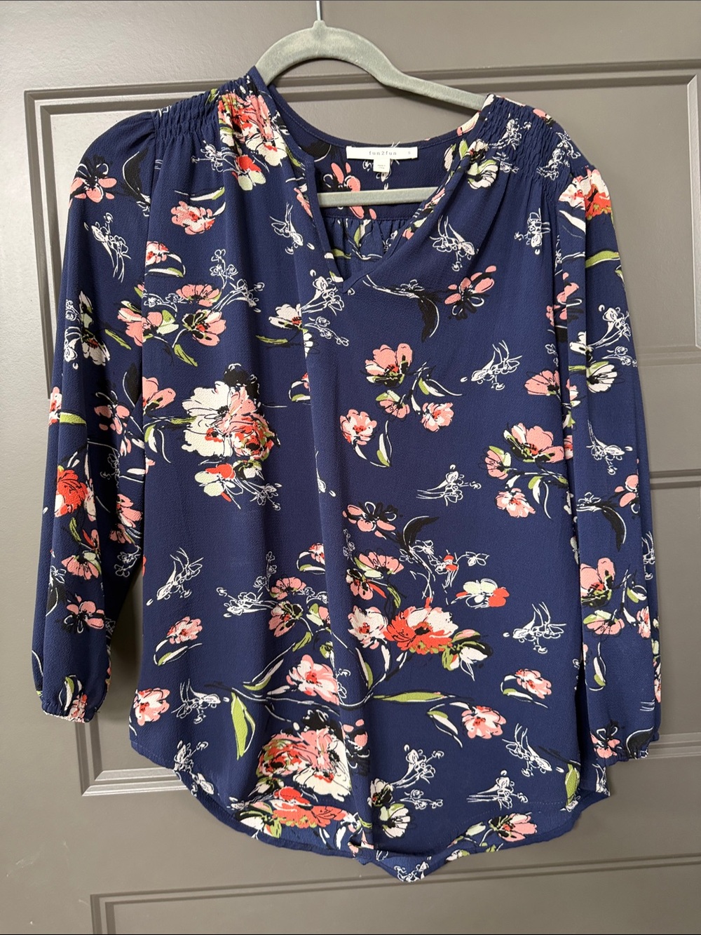 fun2fun Navy Floral V-Neck Peasant Blouse